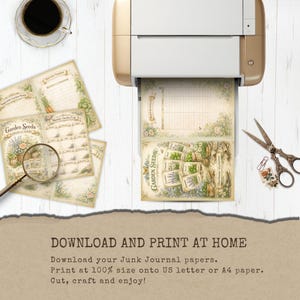 May include: A printer outputting a sheet of paper with vintage-style garden seed illustrations and inventory charts. Beside it are loose printed pages, a magnifying glass, and ornate metal scissors. Text reads: DOWNLOAD AND PRINT AT HOME.