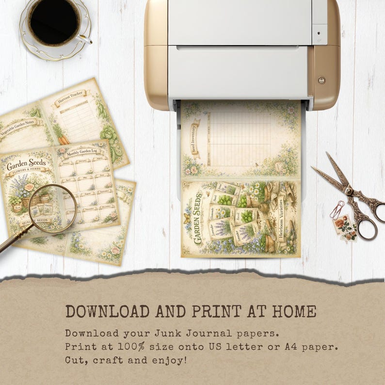 May include: A printer outputting a sheet of paper with vintage-style garden seed illustrations and inventory charts. Beside it are loose printed pages, a magnifying glass, and ornate metal scissors. Text reads: DOWNLOAD AND PRINT AT HOME.