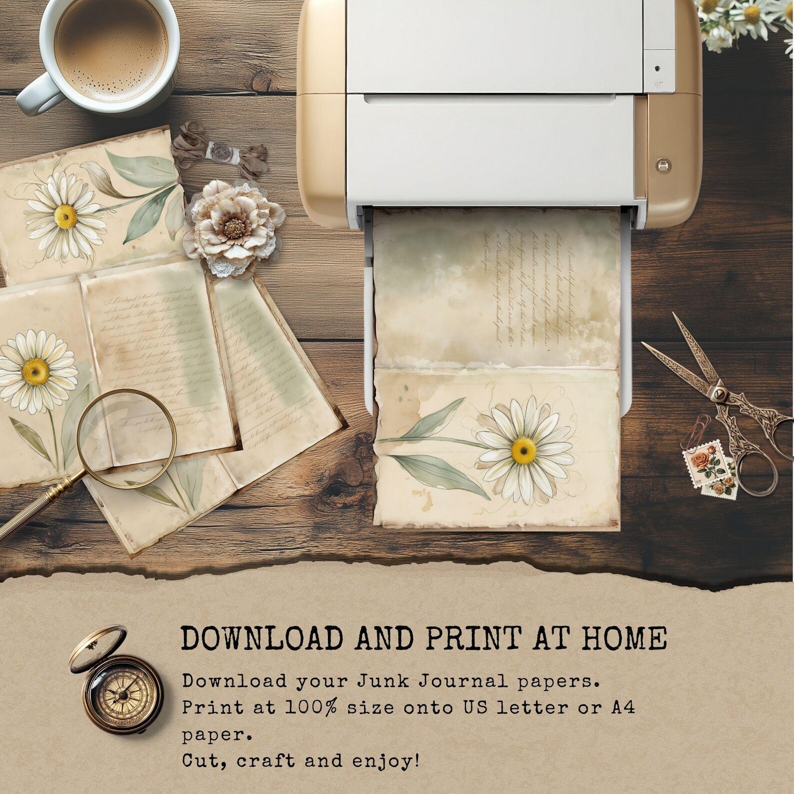 Daisy Junk Journal Kit, Floral Digital Paper, Printable Vintage Daisy ...