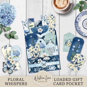 Blue Floral Loaded Pocket Tag Kit, Botanical Junk Journal Ephemera, Printable Tags and Cards for Scrapbooking, Gift Card Envelope, JJ320