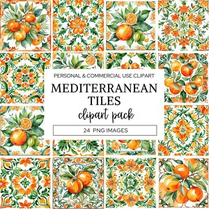 Medelhavskakel Clipart, akvarella apelsiner, portugisiska azulejo-keramiska plattor, marockansk konstdesign, sömlöst mönster, italiensk design.