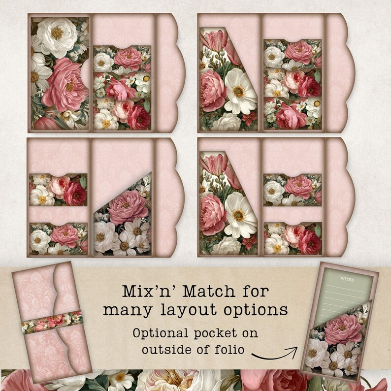 Vintage Rose Printable Folio Kit, Pink and White Floral Folding Pockets ...