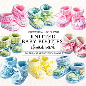 Gestrickte Baby-Booties Clipart, niedliche handgefertigte gestrickte Baby-Schuhe Aquarell Grafiken, Baby-Dusche, Neugeborene Wolle Booties, kommerzielle Nutzung.