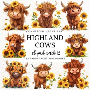 Imágenes prediseñadas de vacas y girasoles de las tierras altas, imágenes prediseñadas de animales lindos de acuarela para hacer tarjetas, álbumes de recortes, diarios basura y manualidades de sublimación