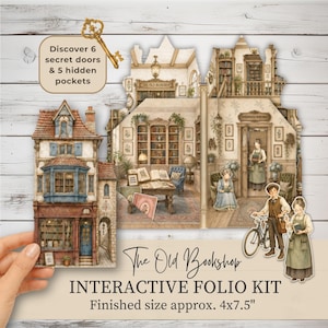 Puede incluir: Un kit de folio interactivo titulado The Old Bookshop, que presenta un modelo de papel detallado del exterior e interior de una librería. El kit incluye recortes de personajes, un gráfico de llave dorada y el texto Discover 6 secret doors & 5 hidden pockets. Tamaño final aprox. 10,16x19,05 cm.