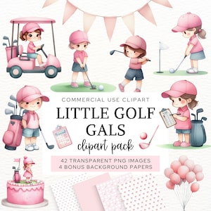 Imágenes prediseñadas de golfistas para niñas, adorables imágenes de golfistas para invitaciones de cumpleaños infantiles, decoración rosa para fiesta de golf, gráficos deportivos infantiles en acuarela, CA6