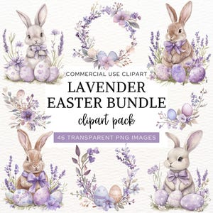 Pacchetto di clipart pasquali di lavanda, clipart di coniglietti pasquali, uova di Pasqua, conigli e fiori di lavanda, creazioni di carta digitale e creazione di biglietti, CA23