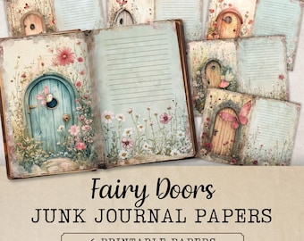 Fairy Doors Junk Journal Pages, Enchanted Fairy Garden Printable Backgrounds, Fantasy Scrapbook Papers, Digital Paper Crafts