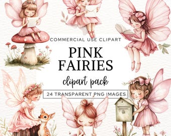 May include: A digital clipart collection featuring six illustrations of fairies with pink wings and dresses. The text reads: COMMERCIAL USE CLIPART PINK FAIRIES clipart pack 24 TRANSPARENT PNG IMAGES. The fairies are shown reading, writing, and interacting with a fawn and a mailbox.