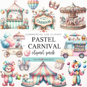 Könnte beinhalten: Eine digitale Clipart-Sammlung mit pastellfarbenen Karnevalselementen, darunter ein Karussell, ein gestreiftes Zelt, ein Imbisswagen, Clowns, Zuckerwatte, ein Heißluftballon und ein Schild mit der Aufschrift Welcome to the Carnival.