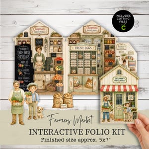 May include: A Farmers Market interactive folio kit featuring a multi-panel display of a produce shop interior with shelves of goods, a chalkboard menu, and cut-out figures of two people and a dog. The finished size is approximately 13x18 cm.