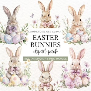 Watercolor Easter Bunny Clipart, Cute Bunnies Eggs & Spring Flowers, Digital Download for Kid&#39;s Paper Crafts, Invites and Easter Cards, CA23