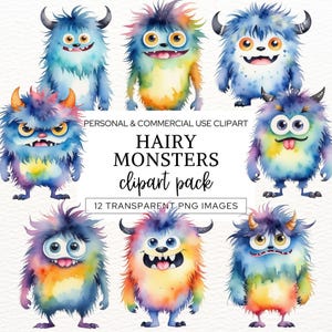 Niedliches Haariges Monster Clipart, Aquarell pelzigen Monster PNG, Kinder Sublimationsgrafiken, Halloween Kartengestaltung, Scrapbook Bilder, Junk Journal.