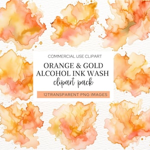 Alcohol Ink Pour Clipart, Orange and Gold Ink Splash Clip Art PNG, Watercolor Abstract Art, Splatter Texture Background for Paper Crafts.