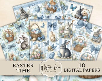 Easter Digital Paper, Blue Bunny Patterns, Scrapbook Backgrounds, Printable Easter Designs, Rabbit and Easter Egg Scrapbooking Pages, CA23