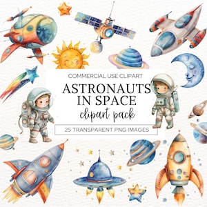 Paquete de imágenes prediseñadas del espacio en acuarela, lindas imágenes prediseñadas de astronautas, ovnis del espacio exterior, ilustraciones de galaxias, cohetes, naves espaciales y planetas, decoración de guardería