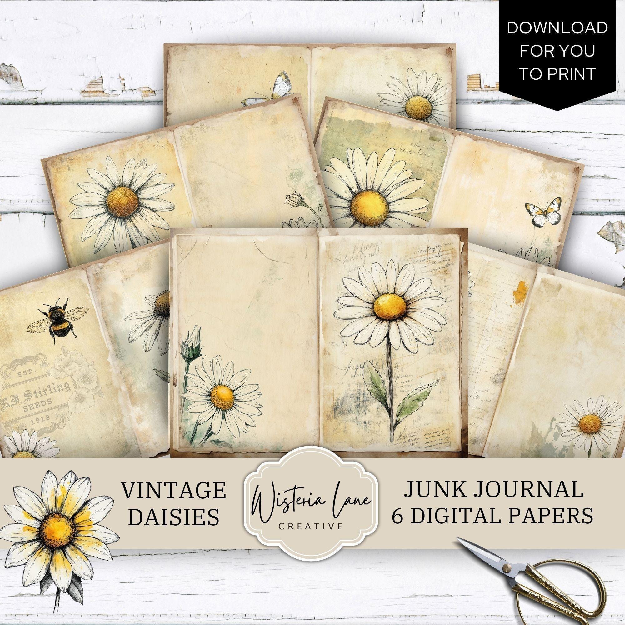 Vintage Daisy Junk Journal Kit, Digital Printable Ephemera, Floral ...