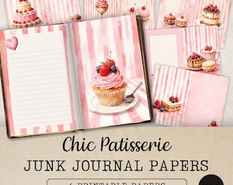 Chic Patisserie Junk Journal Papers, Watercolor Bakery Journal Backgrounds, Pink Sweets Scrapbook Pages, JJ337