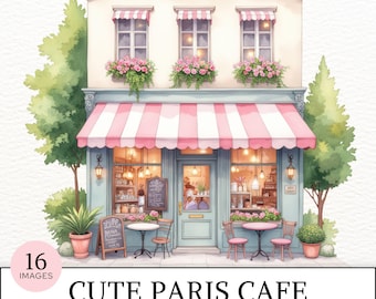 Cute Paris Cafe Clipart, Watercolor Parisian Cafe Illustrations, French Clip Art, France Travel Art JPG, Digital Download, CA17.