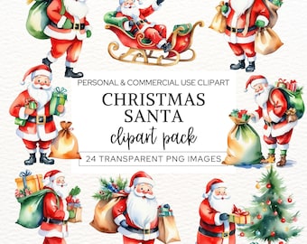 Watercolor Santa Clipart, Father Christmas PNG, Santa Claus images for scrapbooking cardmaking and junk journals, Kids sublimation graphics.