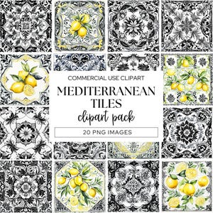 Carrelage méditerranéen, clipart citrons aquarelle, carreaux de céramique azulejos portugais, motifs de carreaux marocains, mariage italien, noir et blanc.