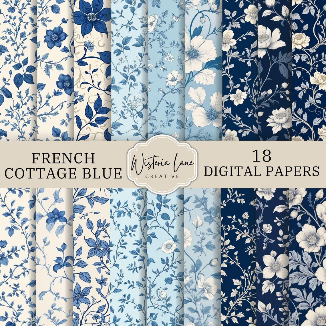 French Cottage Blue Floral Digital Paper, Vintage Botanical ...