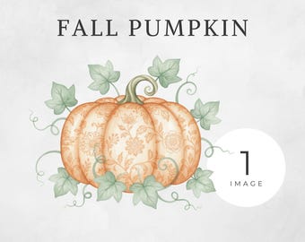 Toile Pumpkin Clipart, Vintage Fall Watercolor Pumpkin, Cottagecore Autumn Harvest PNG, Thanksgiving Floral Pumpkin Illustration, CA12