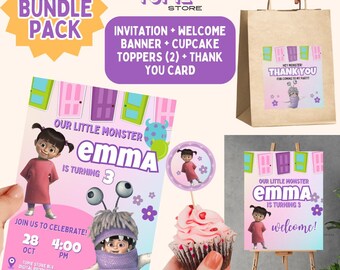 Editable Boo Monster Inc Birthday Bundle Pack Birthday Invitation Welcome Banner, Cupcake Topper, Thank You Card - Printable Party template