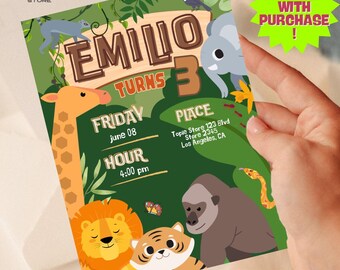 Safari Jungle Animals Birthday Invitation | Editable Kids Party Invite | Customizable Digital Download with Free “Thank You” Tag