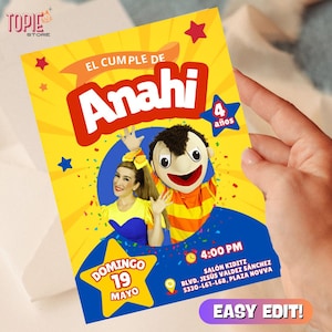 Puede incluir: Una invitación de cumpleaños amarilla con el nombre "Anahi" en rojo, con personajes de dibujos animados y el texto "4 años". La invitación incluye la fecha "Domingo 19 Mayo" y la hora "4:00 PM". Las palabras "Easy Edit!" también son visibles.