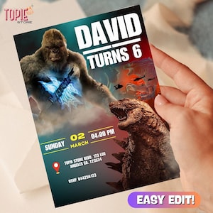 Invitation d'anniversaire Godzilla contre King Kong | Invitation à une fête de combat de monstres | Invitation numérique modifiable Invitation Godzilla vs Kong | King Kong