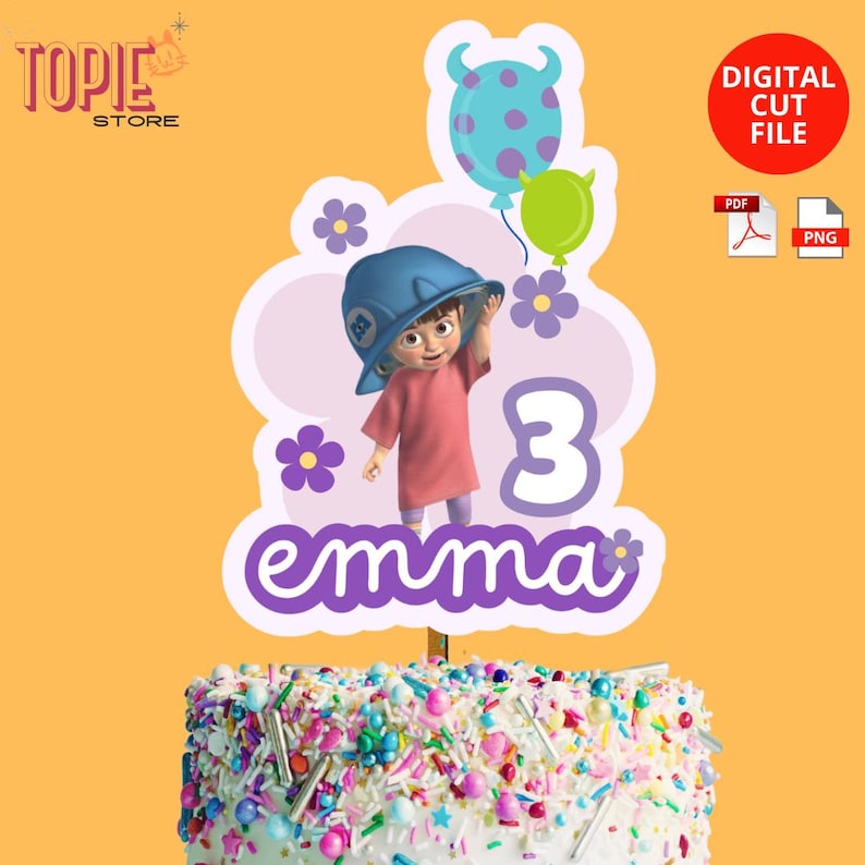 May include: Purple and white cake topper featuring a cartoon girl wearing a blue hat and pink shirt, with the number 3 and the name "emma" in purple text.
