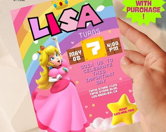 Princess Peach Birthday Invitation | Editable Kids Party Invite | Customizable Digital Download + Free Printable “Thank You” Tag