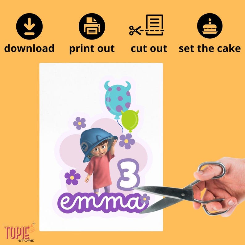 May include: A printable birthday cake topper featuring a cartoon girl with purple hair wearing a blue hat and holding a purple flower. The topper also includes the number 3, the name "emma", and purple flowers.