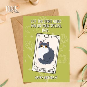 Cartão de aniversário de gato tarô para impressão - "Deixe o espírito guiá-lo" - download instantâneo - 8,5 x 11 polegadas