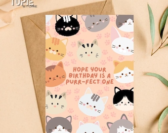 Printable Cat Birthday Card - Cute Kitty Pun Birthday Card - Hope Your Birthday is a Purr-fect One - Instant Download - Funny Cat Lover Gift
