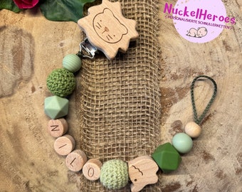 Schnullerkette/Nuckelkette mit Namen, personalisiert, Holz/Silikon/Häkelperlen, grün mint hellgrün, Geschenk Baby/Geburt/Babyshower/Taufe