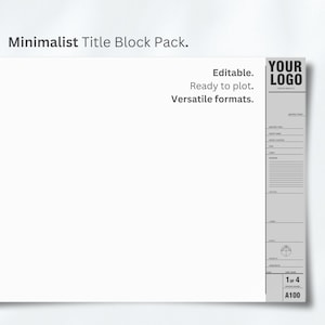 Peut inclure: Un pack de blocs de titre minimalistes avec le texte "Minimalist Title Block Pack." Le pack comprend des formats modifiables, prêts à être tracés et polyvalents. La conception comprend une section pour un logo et des détails architecturaux. L'image affiche "1 of 4" et "A100."