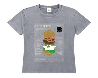 Camiseta vintage con hombros caídos y lavado con diagrama de hamburguesa de res
