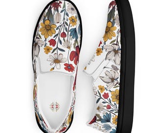 Zapatillas de lona sin cordones para mujer con estampado de flores silvestres y coloridas.