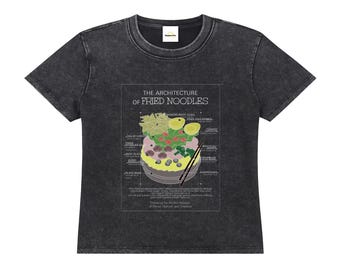 Camiseta vintage con hombros caídos y lavado "La arquitectura de los fideos fritos"