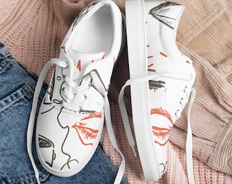 Zapatos de lona con garabatos modernos para mujer, zapatos de lona minimalistas, zapatillas con bocetos artísticos, zapatos casuales únicos, zapatos abstractos blancos y negros