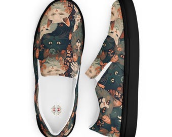 Zapatos de lona sin cordones para mujer con estampado floral de gatos