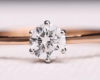 Round Brilliant Dainty Engagement Ring, Lab Grown Diamond Proposal Ring, Rose Gold Six Prong Solitaire Ring