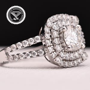 Double Halo Lab Grown Diamond Engagement Ring, Split Shank Round Cut Promise Ring, Handmade Anniversary Gifts, 14K White Gold Propose Ring