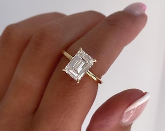 3 CT Emerald Cut Moissanite Diamond Hidden Halo Engagement Ring, Handmade Solitaire Diamond Jewelry Anniversary Gift for Her, Emerald ring