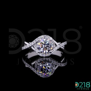 1CT Round Brilliant Cut Halo Accent Lab Grown Diamond Engagement Ring, IGI Certified Lab Grown Diamond Wavy Shank Ring, Anniversary Gifts