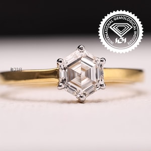 Unique 1 CT Hexagon Cut Diamond Ring, IGI Certified Lab Grown Diamond Wedding Ring, Yellow Gold Engagement Ring for Women, Handmade Jewelry