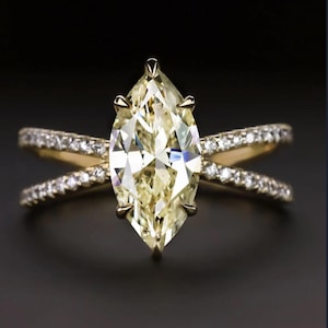 Fancy Yellow Marquise Cut Moissanite Engagement Ring, Dual Cross Shank Solitaire Ring, Handmade Jewelry Gift, Marquise Solitaire Accent Ring