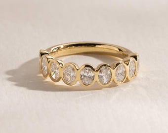 1.8 TW Oval Cut Moissanite Diamond Bezel Set Wedding Ring for Her, Handmade Anniversary Ring, Oval Cut DIamond Half Eternity Band For Wife